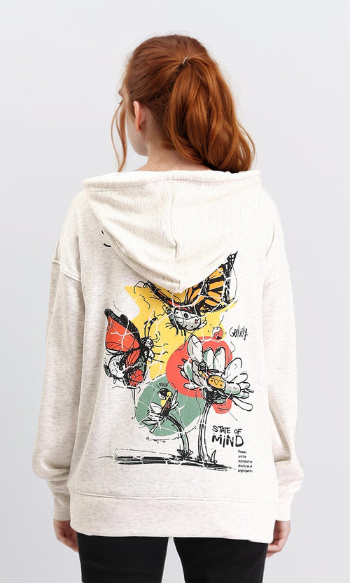 R213307 - Front & Back Print Zipped Hoodie - Heather Off-White