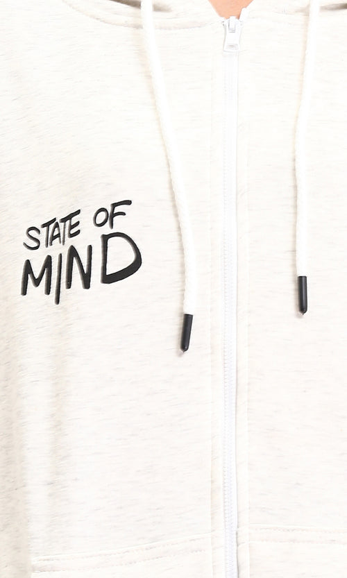 R213307 - Front & Back Print Zipped Hoodie - Heather Off-White