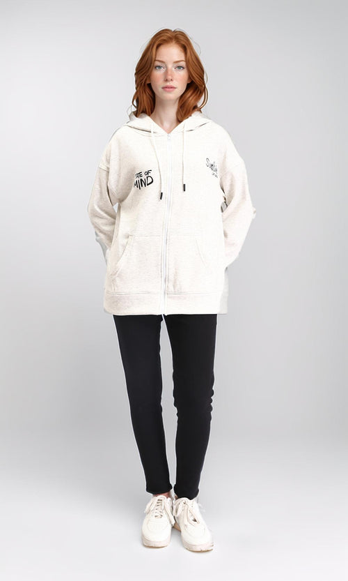 R213307 - Front & Back Print Zipped Hoodie - Heather Off-White