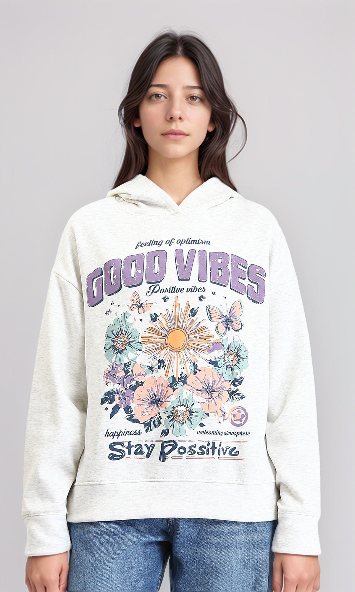 "good Vibes" Printed Casual Hoodie - Off-White