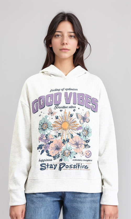 R213310 - "Good Vibes" Printed Casual Hoodie - Off-White