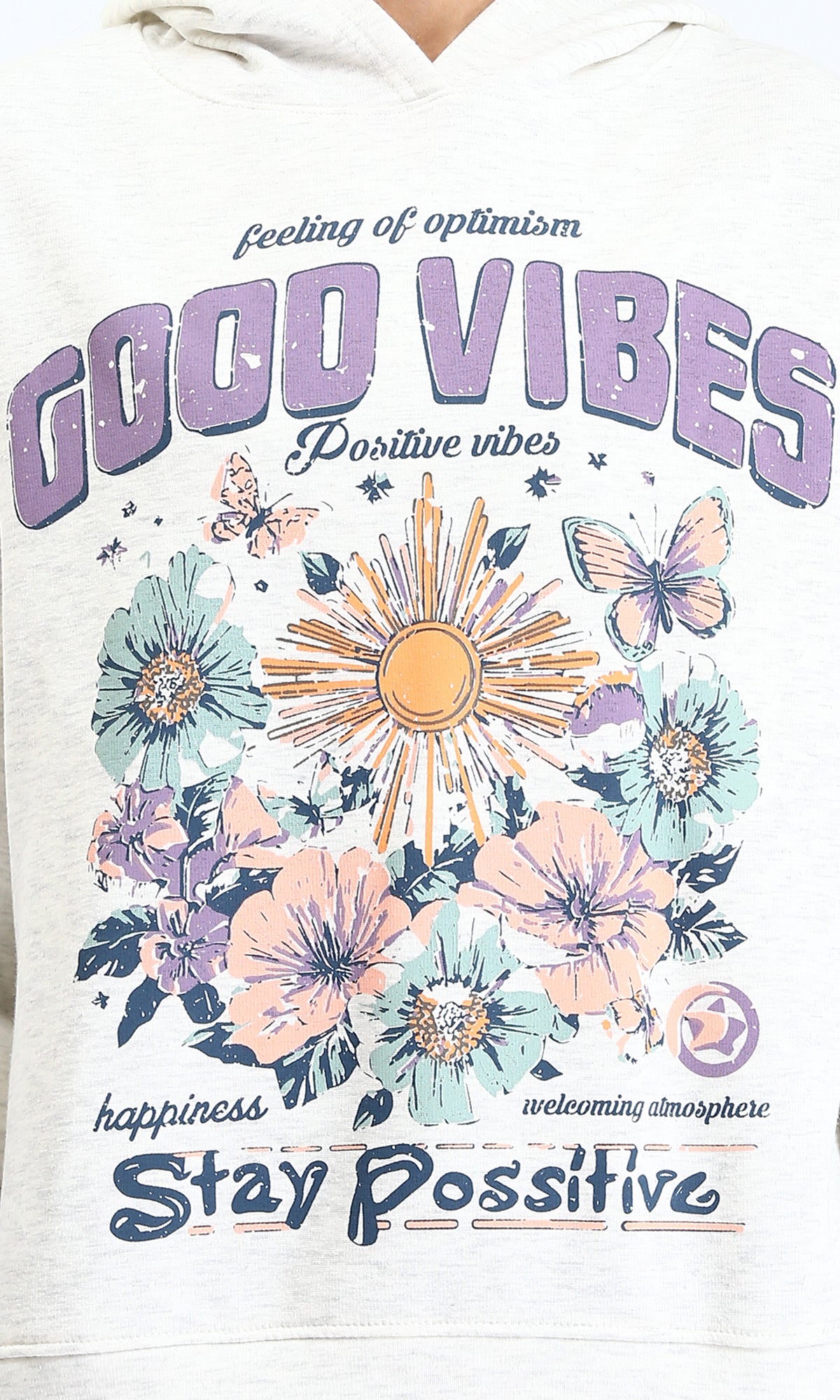R213310 - "Good Vibes" Printed Casual Hoodie - Off-White
