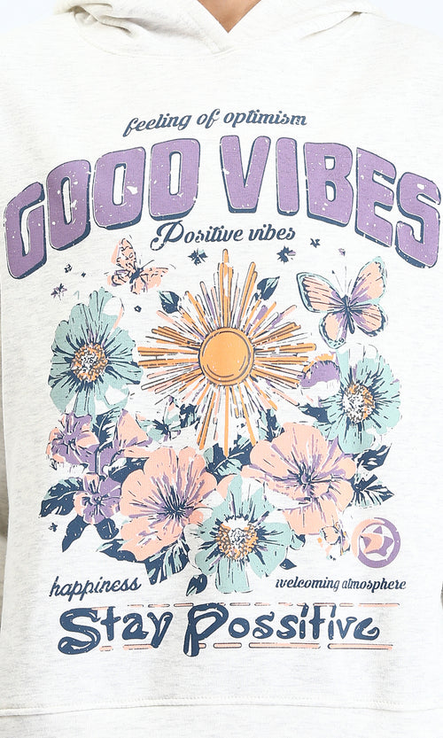 R213310 - "Good Vibes" Printed Casual Hoodie - Off-White