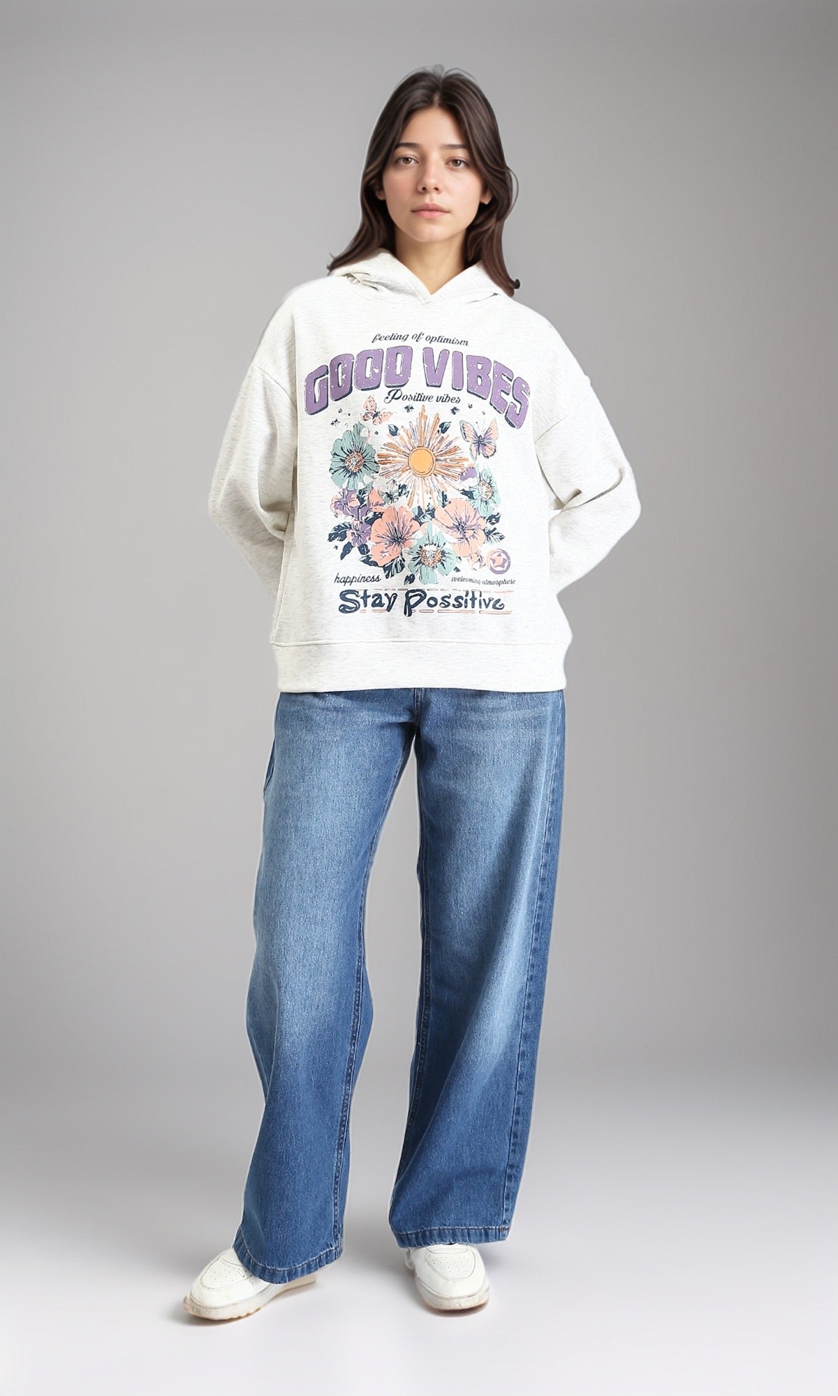 R213310 - "Good Vibes" Printed Casual Hoodie - Off-White