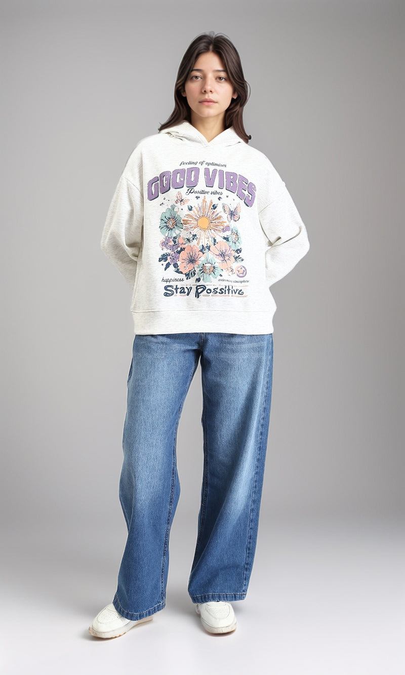 R213310 - "Good Vibes" Printed Casual Hoodie - Off-White