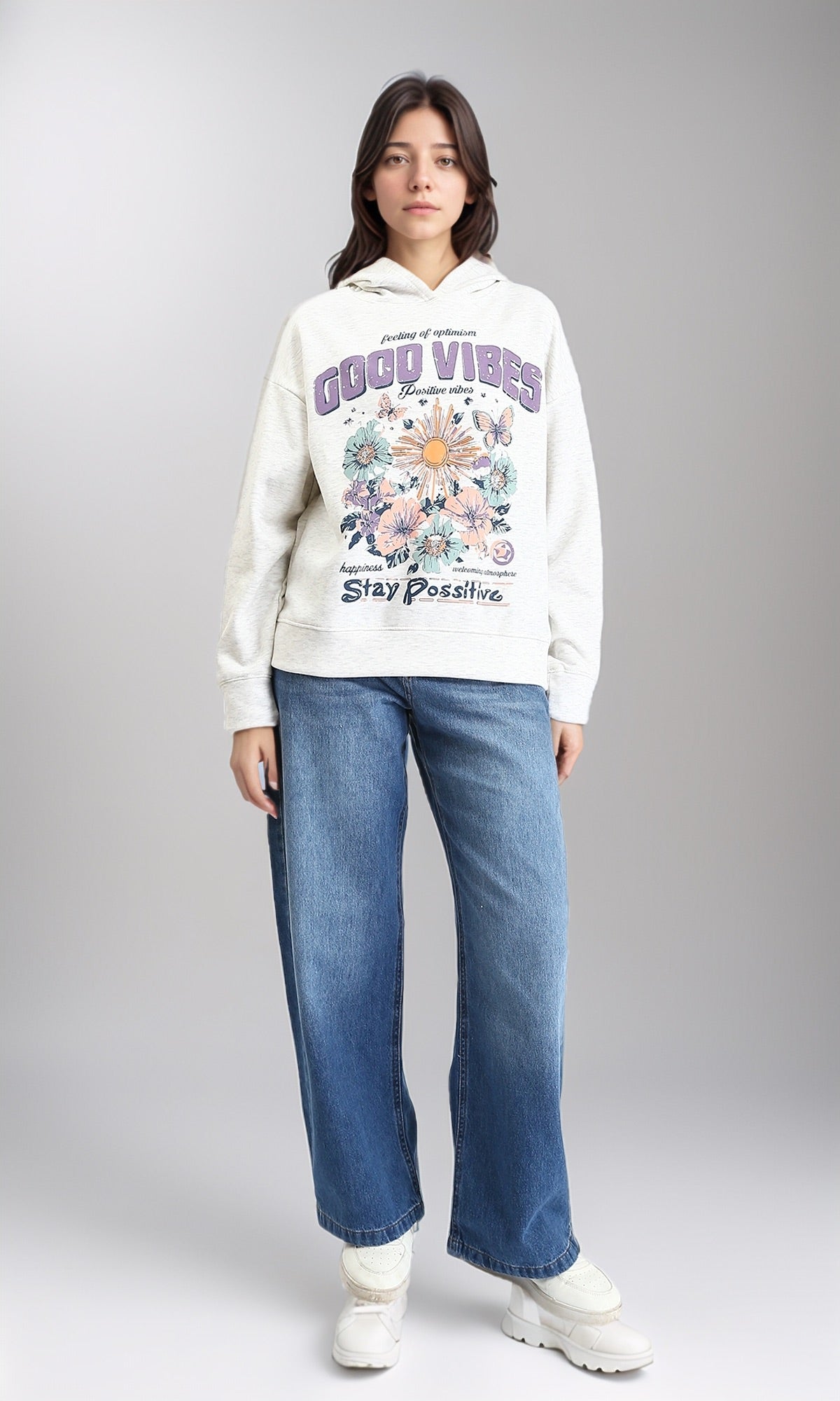 R213310 - "Good Vibes" Printed Casual Hoodie - Off-White