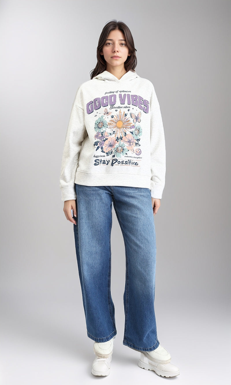 R213310 - "Good Vibes" Printed Casual Hoodie - Off-White