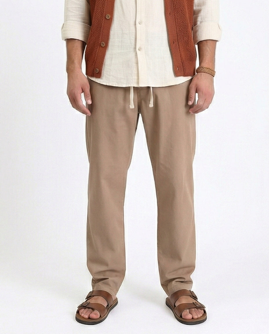 Slip On Comfy Pants with Elastic Waist - Light Brown