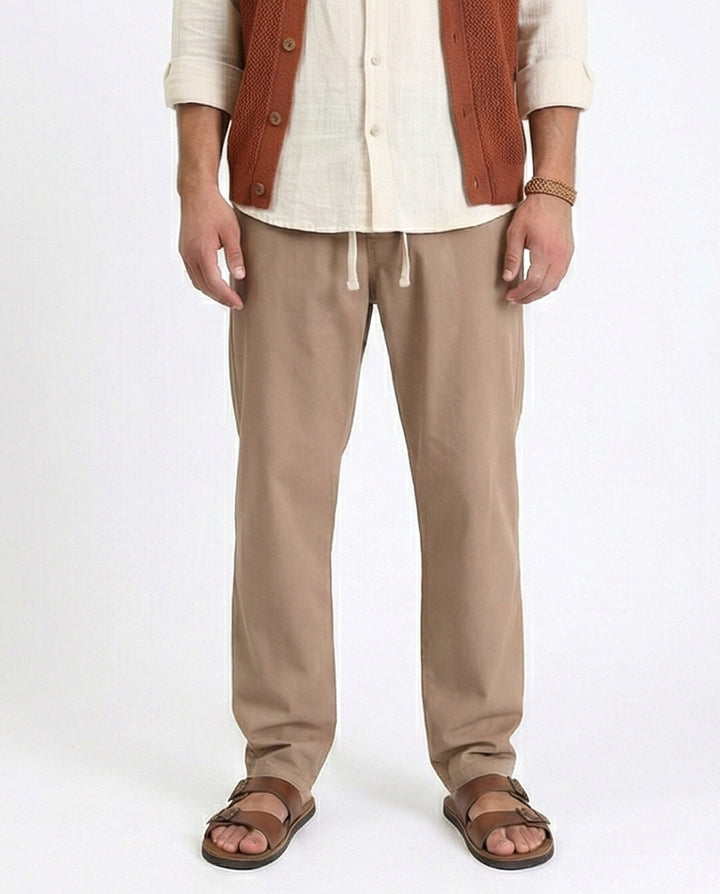 Slip On Comfy Pants with Elastic Waist - Light Brown