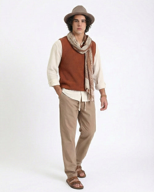 R213322 - Slip On Comfy Pants with Elastic Waist - Light Brown