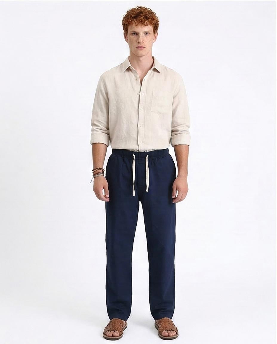 بنطلون رافين بقصة مريحة من نسيج تويل المختلط باللون الكحلي وخصر برباط - R213323