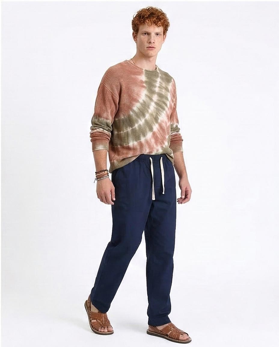 بنطلون رافين بقصة مريحة من نسيج تويل المختلط باللون الكحلي وخصر برباط - R213323