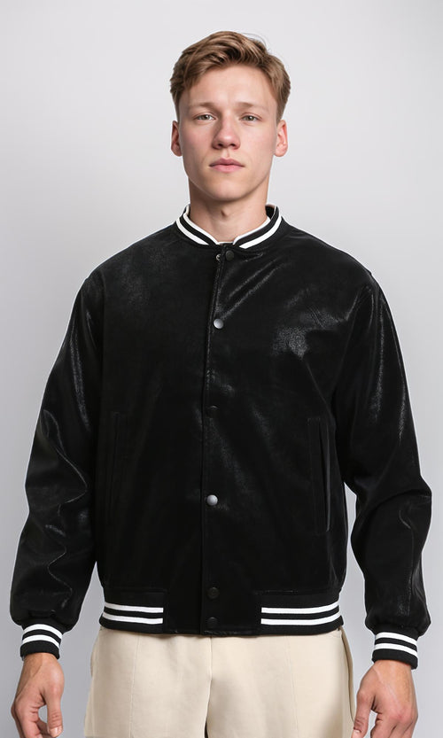 R213526 - Lined Band Neck Nubuck Jacket - Black