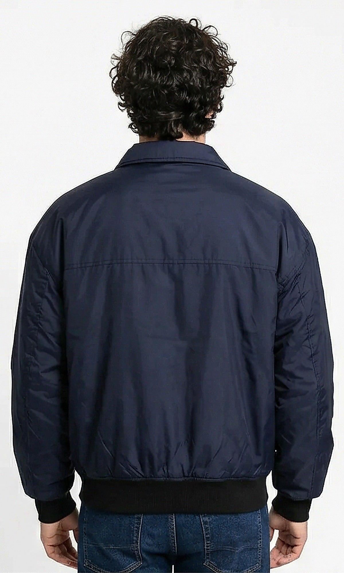 Navy Minimalist Snap-Button Bomber Jacket
