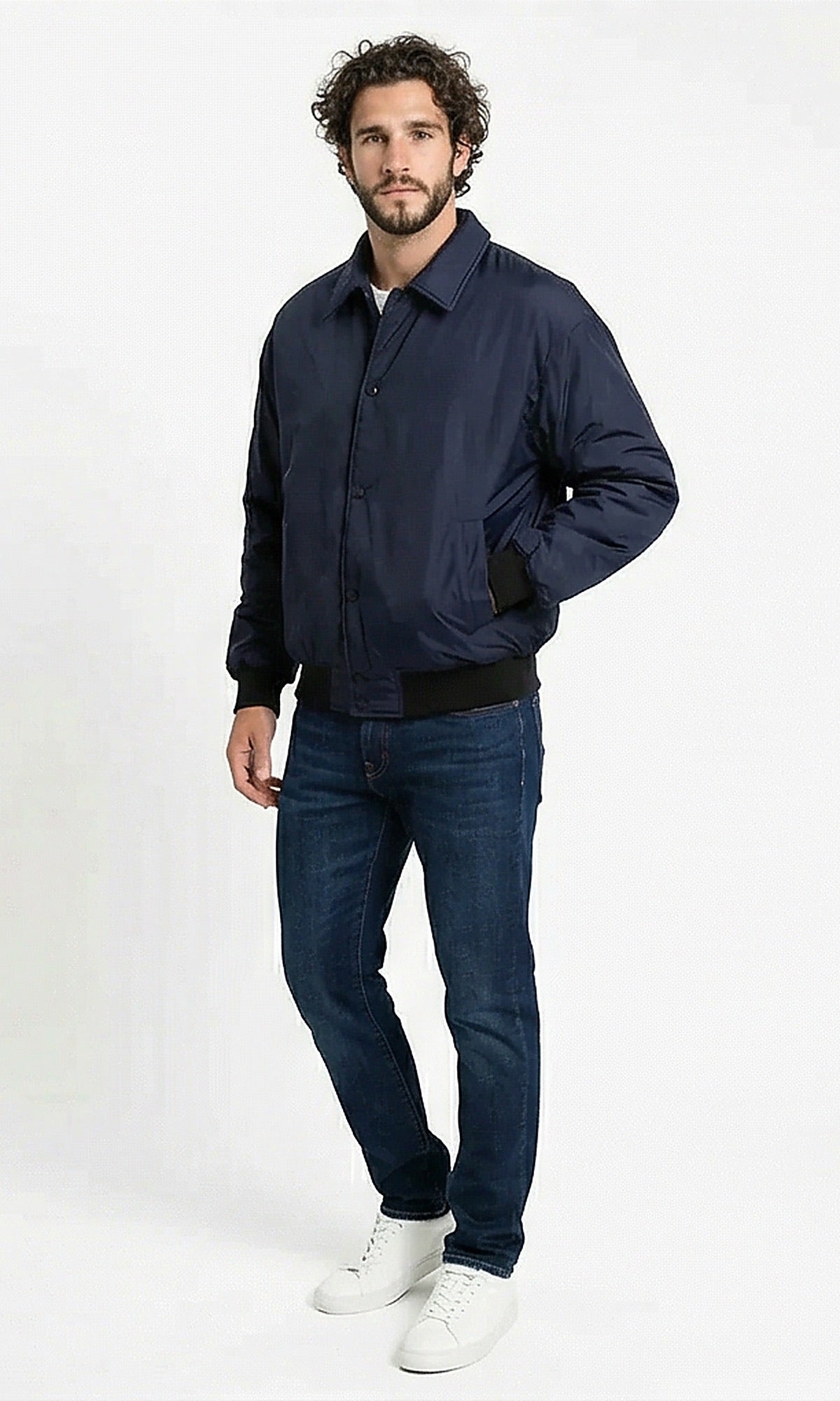 Navy Minimalist Snap-Button Bomber Jacket