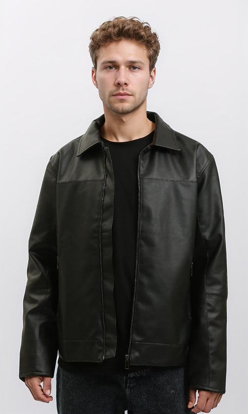 R213535 - Zipped Elegant Solid Leather Jacket - Black