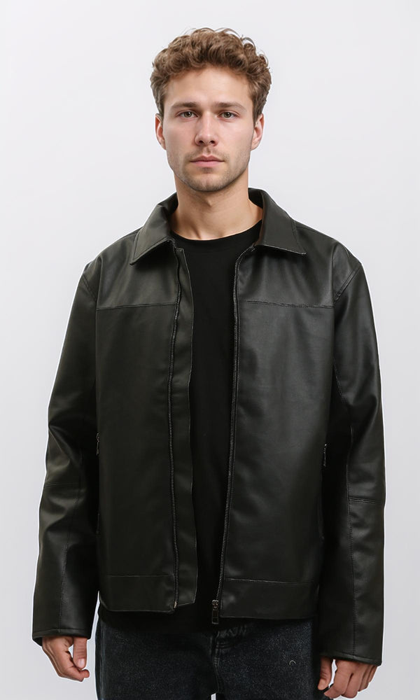 R213535 - Zipped Elegant Solid Leather Jacket - Black