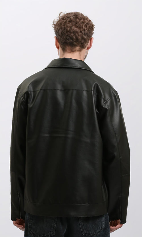 R213535 - Zipped Elegant Solid Leather Jacket - Black