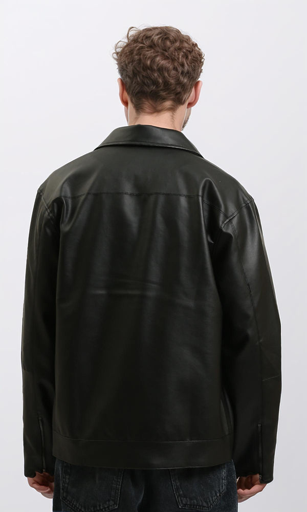 R213535 - Zipped Elegant Solid Leather Jacket - Black