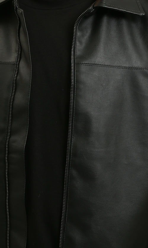 R213535 - Zipped Elegant Solid Leather Jacket - Black