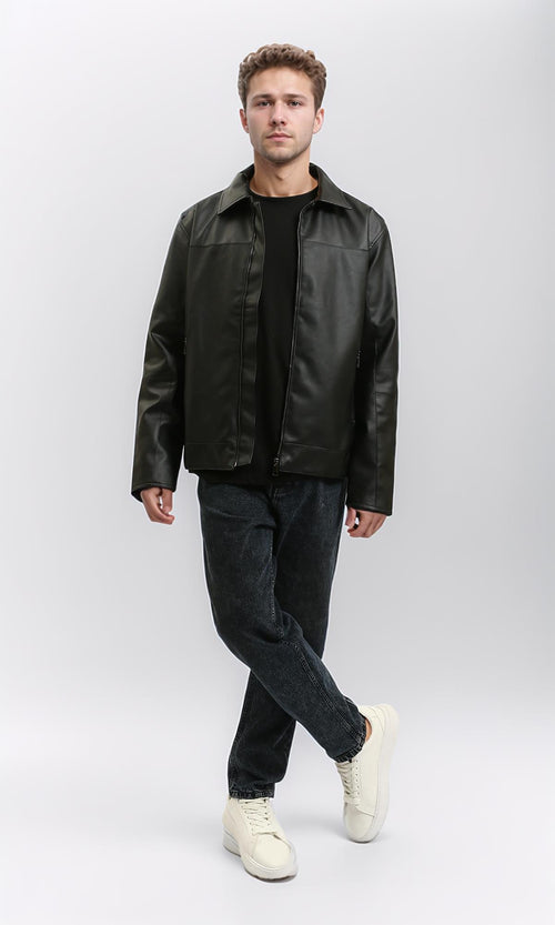 R213535 - Zipped Elegant Solid Leather Jacket - Black