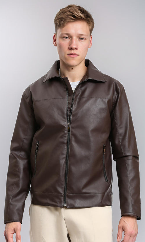 R213536 - Classic Collar Zipped Leather Jacket - Dark Brown
