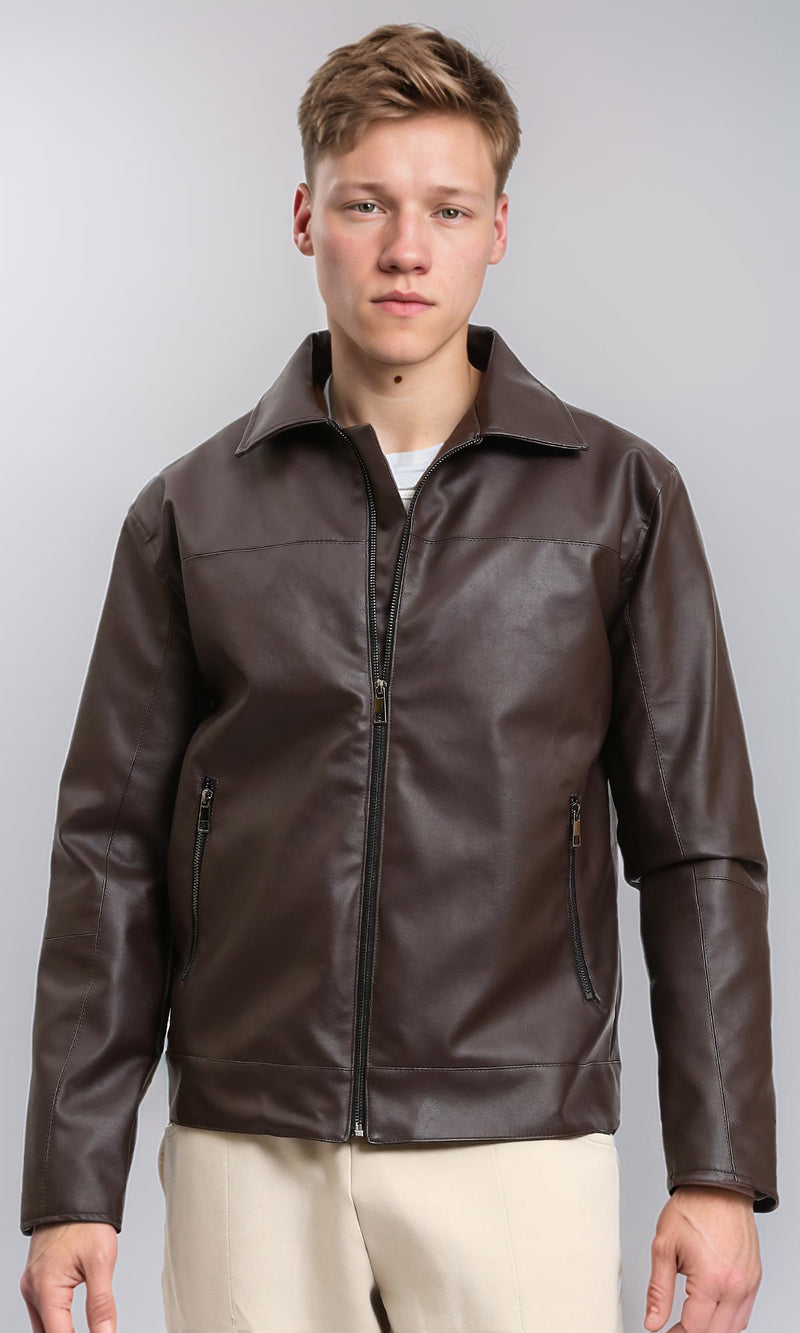 R213536 - Classic Collar Zipped Leather Jacket - Dark Brown