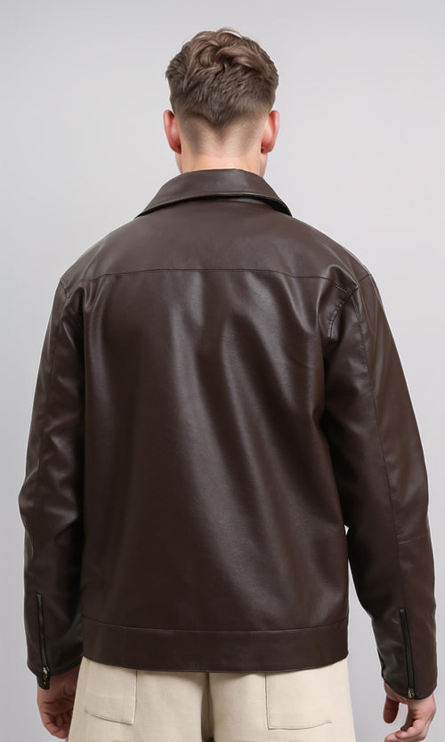 R213536 - Classic Collar Zipped Leather Jacket - Dark Brown