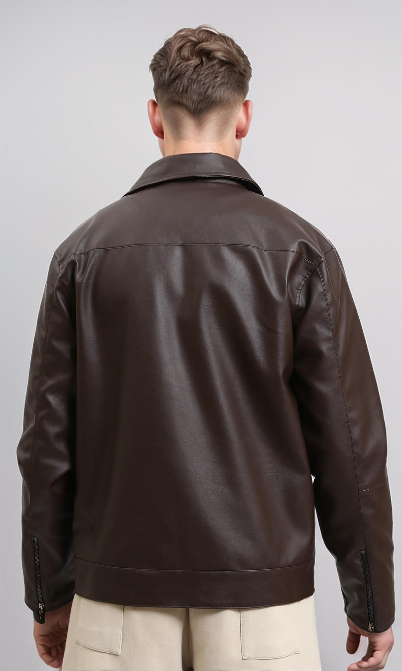 R213536 - Classic Collar Zipped Leather Jacket - Dark Brown