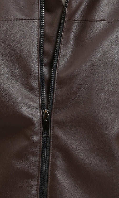 R213536 - Classic Collar Zipped Leather Jacket - Dark Brown