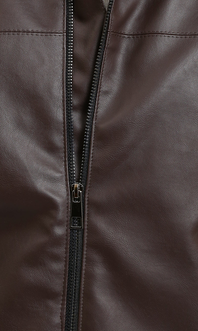 R213536 - Classic Collar Zipped Leather Jacket - Dark Brown