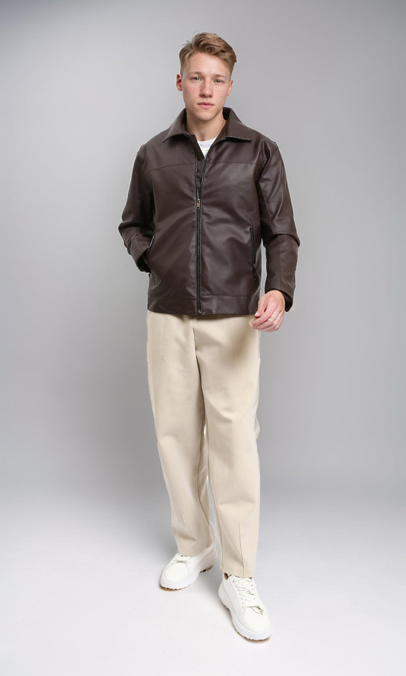 R213536 - Classic Collar Zipped Leather Jacket - Dark Brown