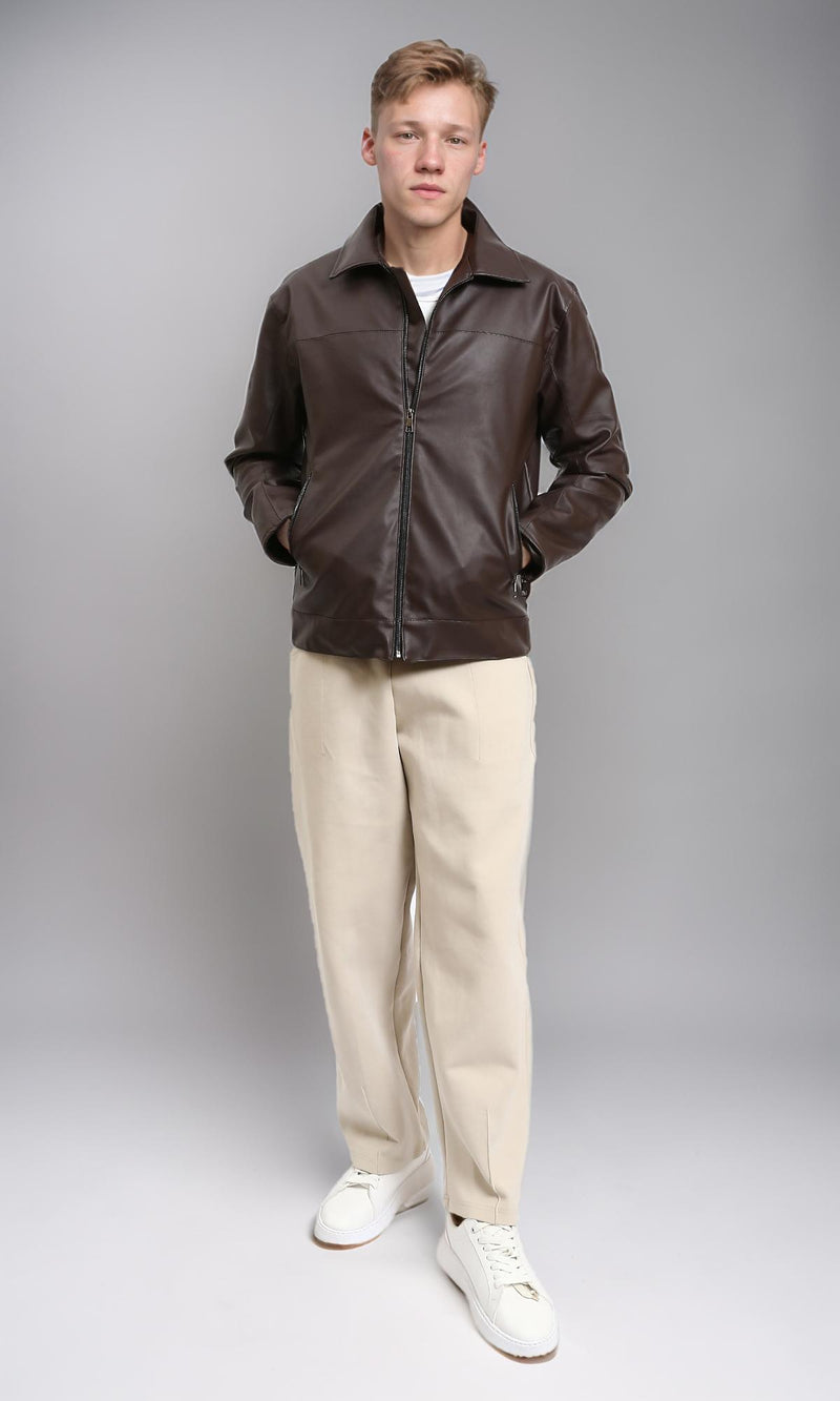 R213536 - Classic Collar Zipped Leather Jacket - Dark Brown