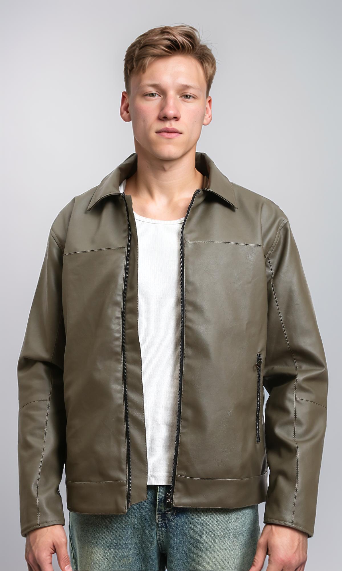 Classic Collar Zipped Leather Jacket - Dark Army
