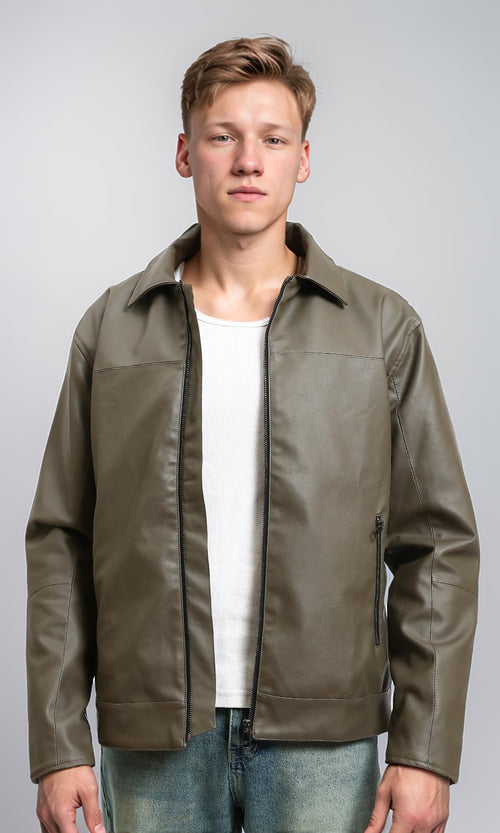 R213537 - Classic Collar Zipped Leather Jacket - Dark Army