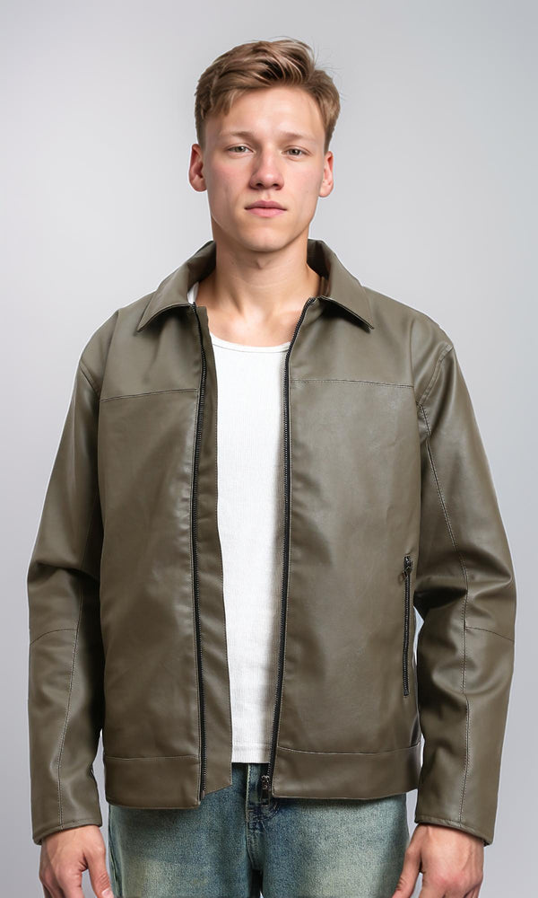 R213537 - Classic Collar Zipped Leather Jacket - Dark Army