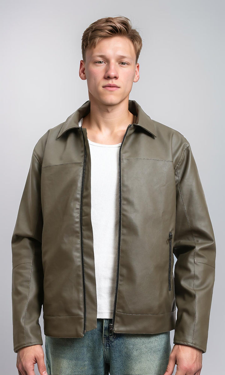 Classic Collar Zipped Leather Jacket - Dark Army