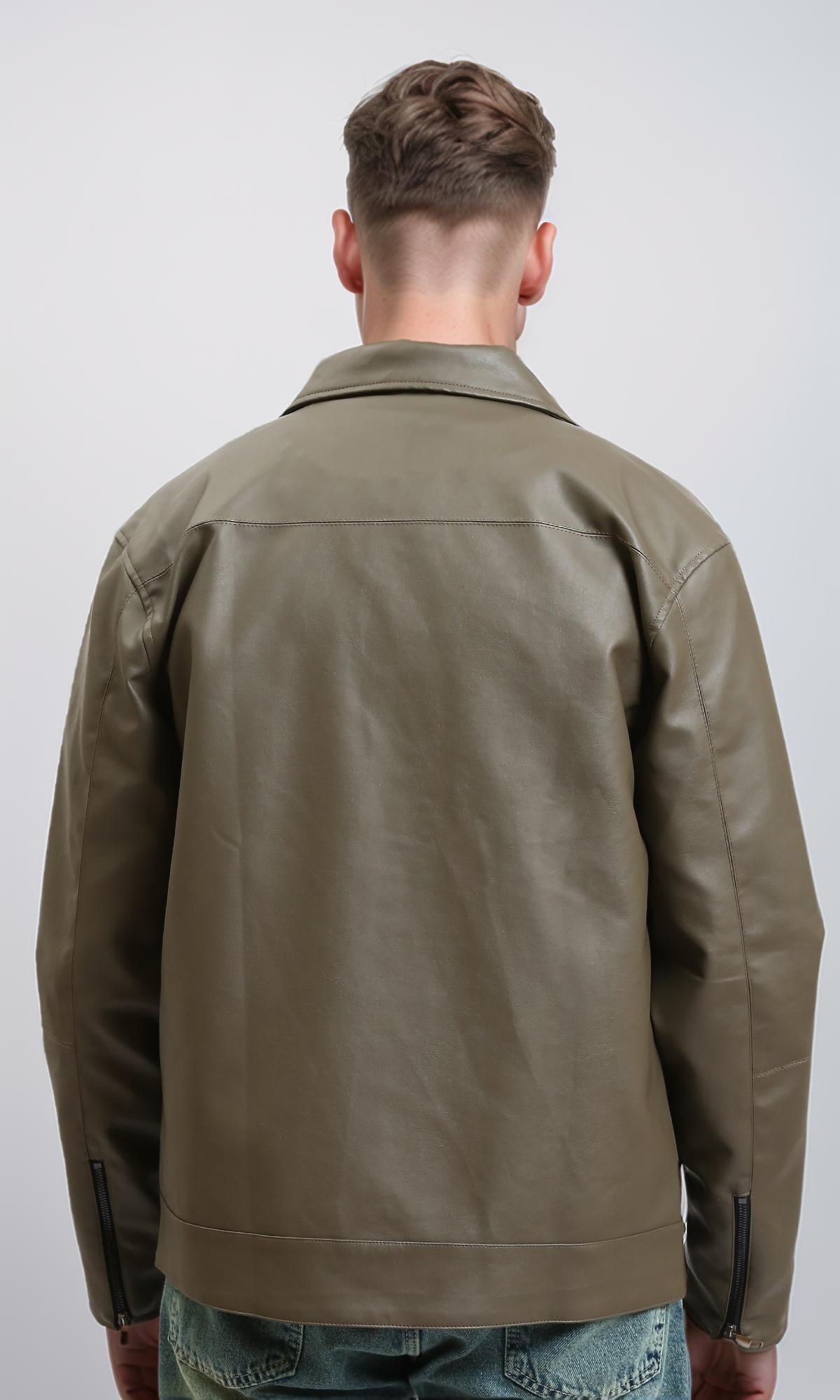 R213537 - جاكيت جلد بسحاب وياقة كلاسيكية - كاكي غامق