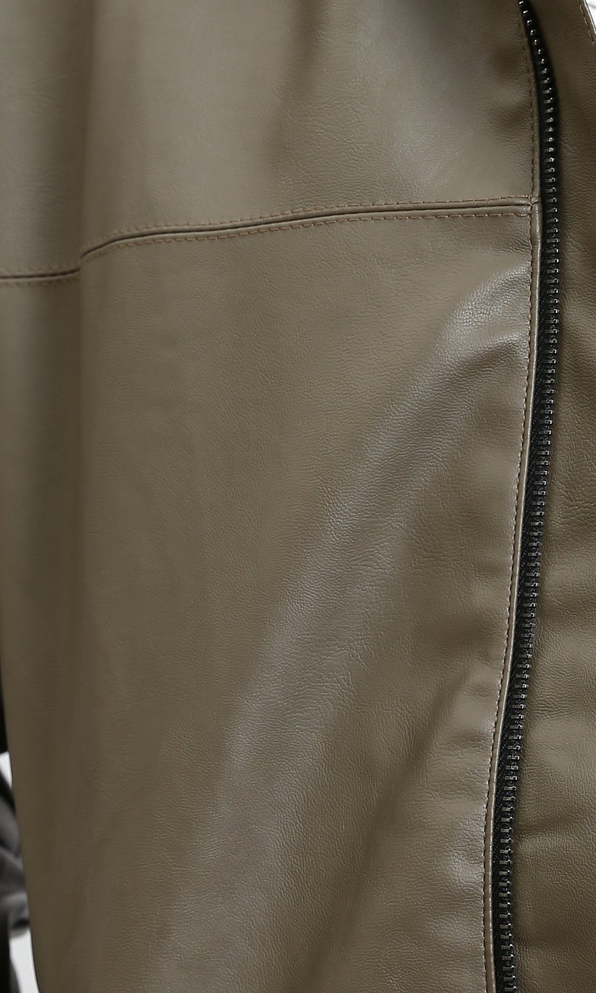 R213537 - جاكيت جلد بسحاب وياقة كلاسيكية - كاكي غامق