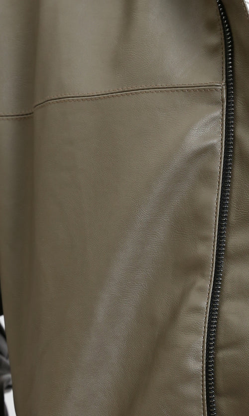 R213537 - Classic Collar Zipped Leather Jacket - Dark Army