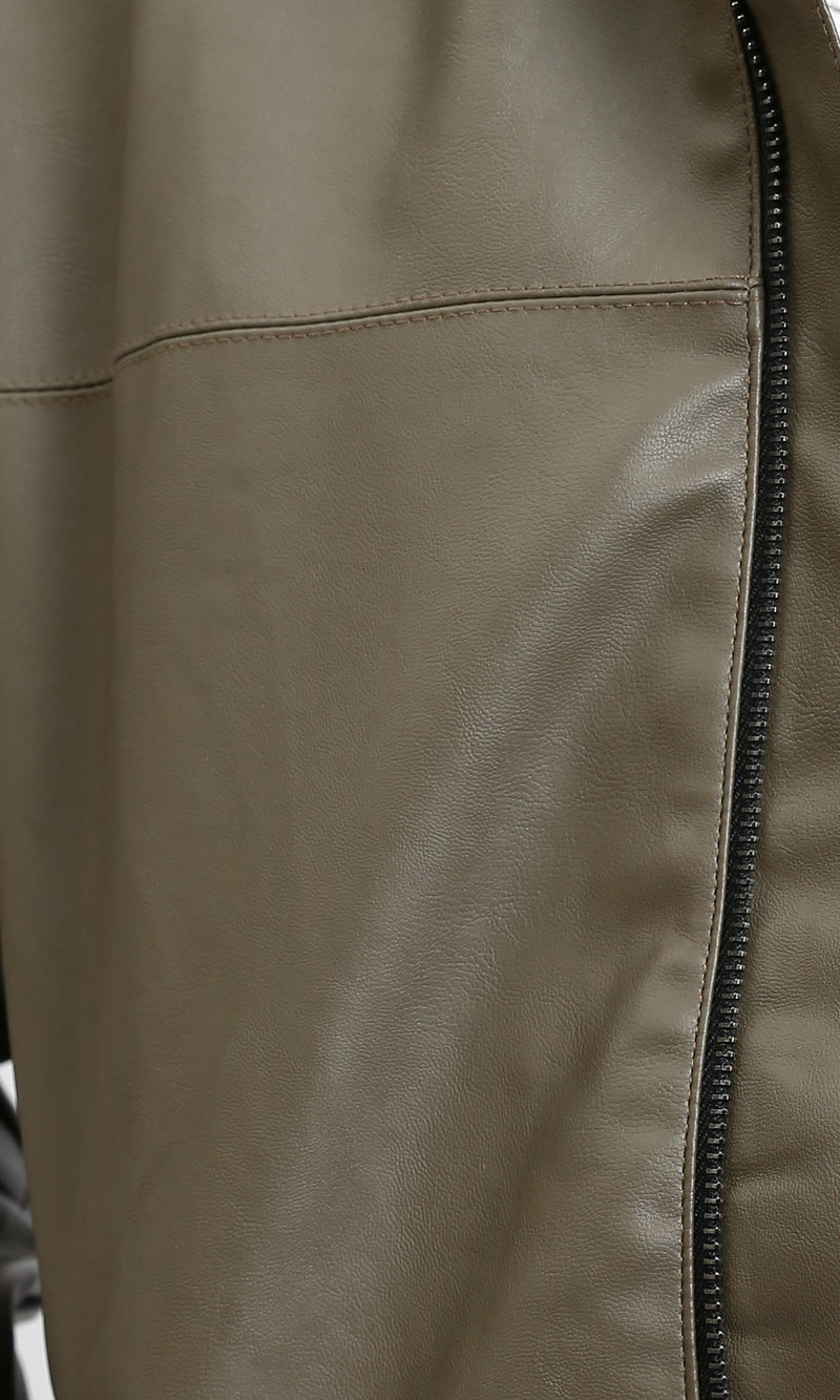 R213537 - Classic Collar Zipped Leather Jacket - Dark Army