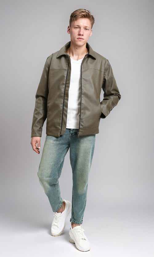 R213537 - Classic Collar Zipped Leather Jacket - Dark Army