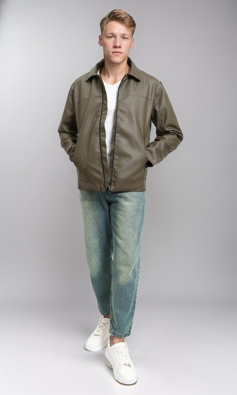 R213537 - Classic Collar Zipped Leather Jacket - Dark Army