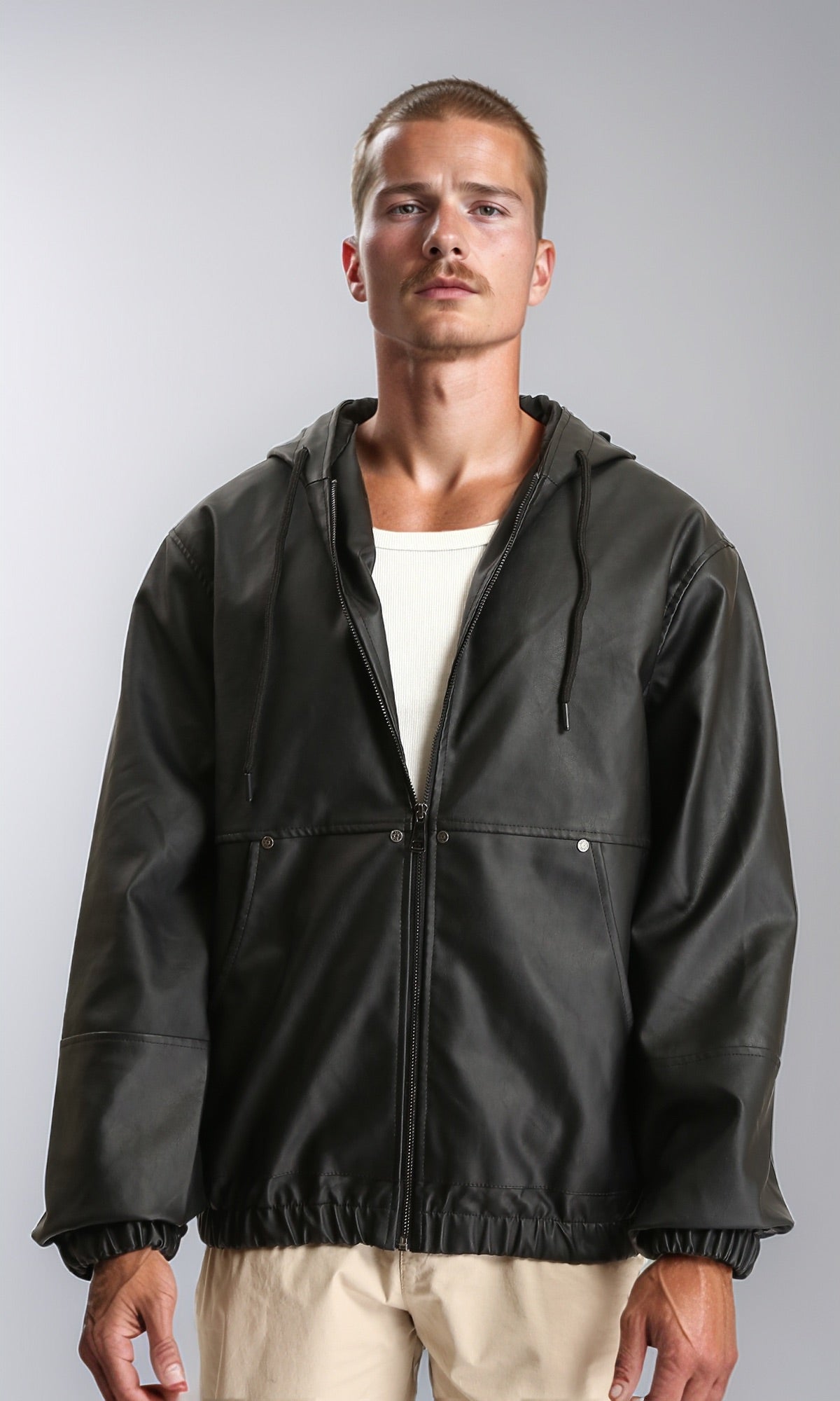 Hooded Neck with Drawstring Leather Jacket - Black