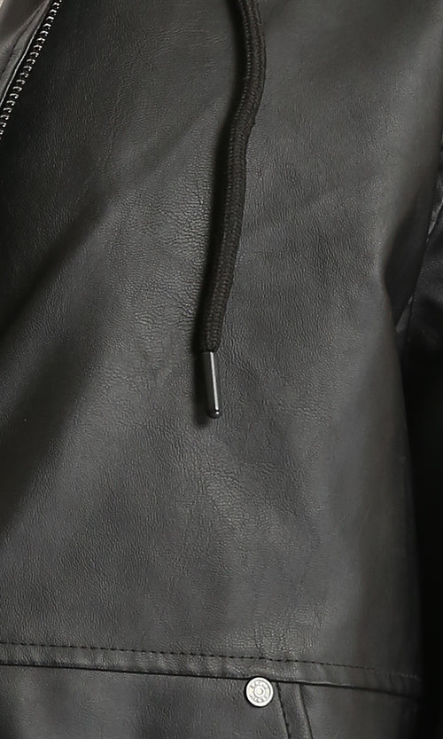 R213540 - Hooded Neck with Drawstring Leather Jacket - Black