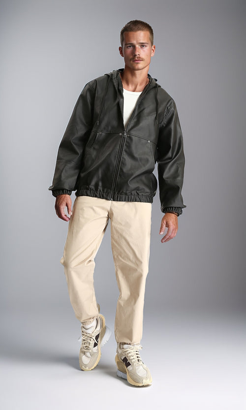 R213540 - Hooded Neck with Drawstring Leather Jacket - Black