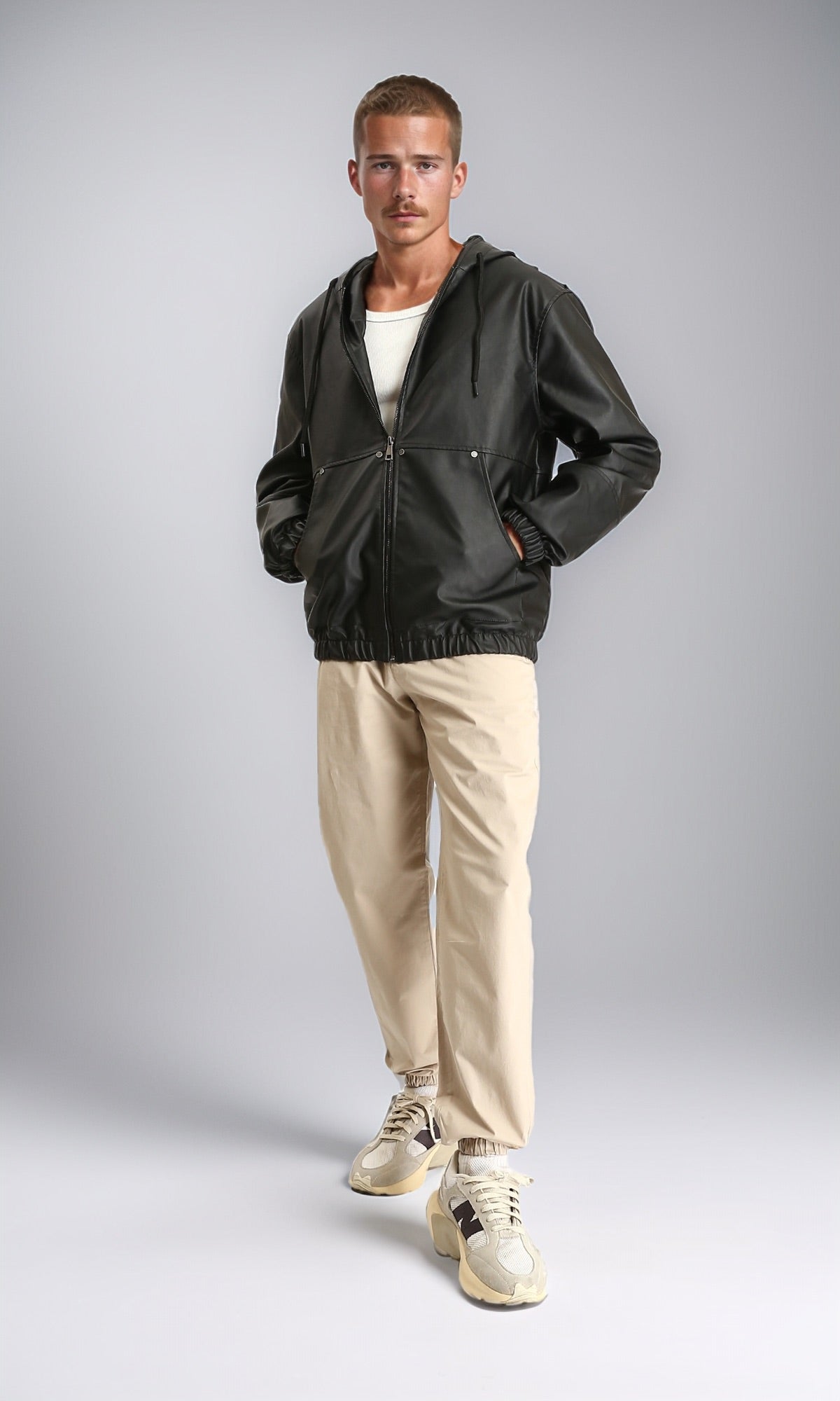 Black Relaxed Fit Hooded Pu Jacket - R213540