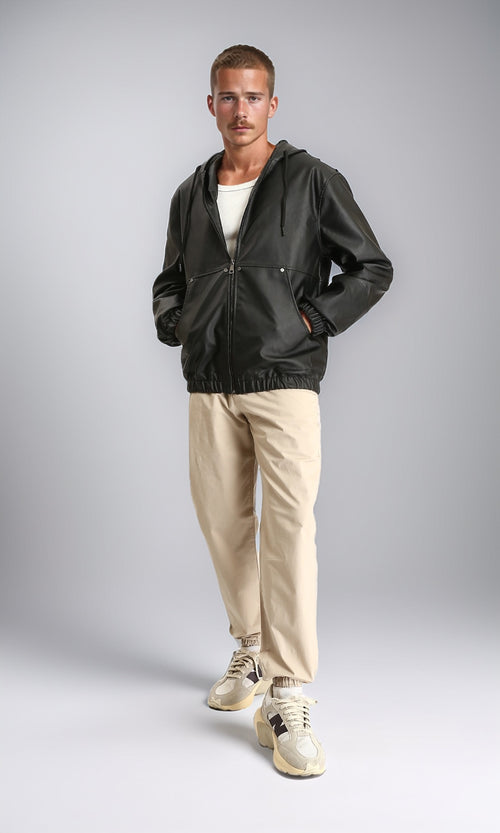 Black Relaxed Fit Hooded Pu Jacket - R213540