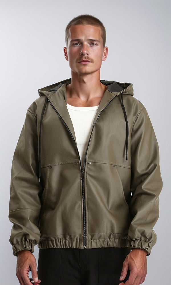 R213541 - Hooded Neck with Drawstring Leather Jacket - Army Green