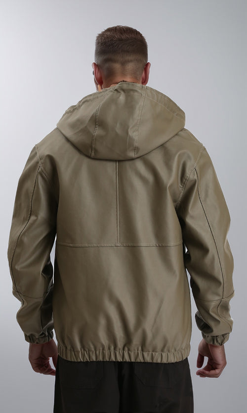 R213541 - Hooded Neck with Drawstring Leather Jacket - Army Green